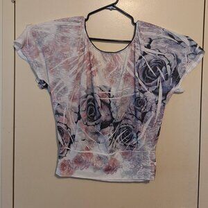 OneWorld - Sheer Rose Print Blouse – Floral Short Sleeve Top – Women’s XL